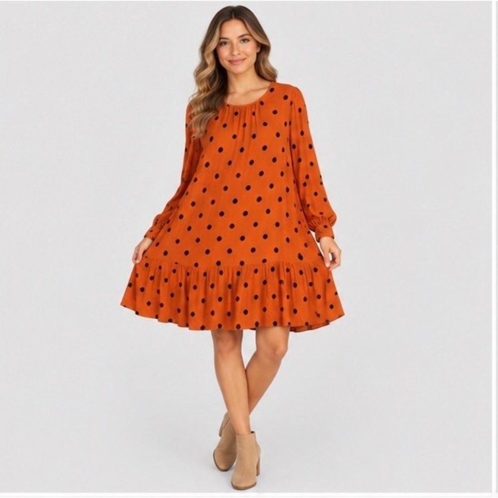 Ava & Viv Womens X Orange Polka Dot Long Ruffle Hem Boho Mini Dress Pocket